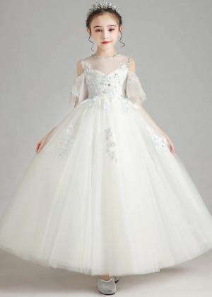 Cold Shoulder Beaded Lace Tulle Flower Girl Dress